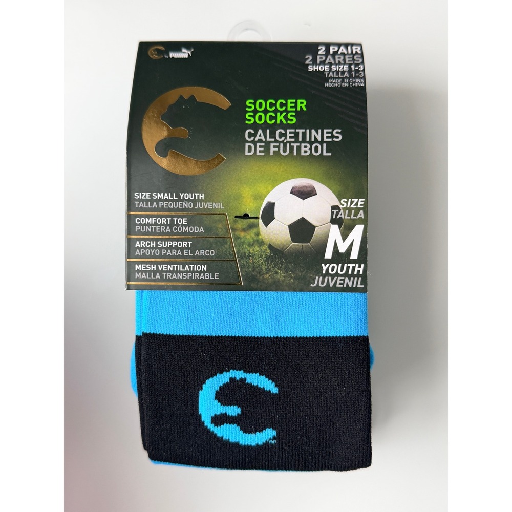 Puma Soccer Socks Youth M Blue Black NWT 2-Pack Arch Support‎ Mesh Ventilation